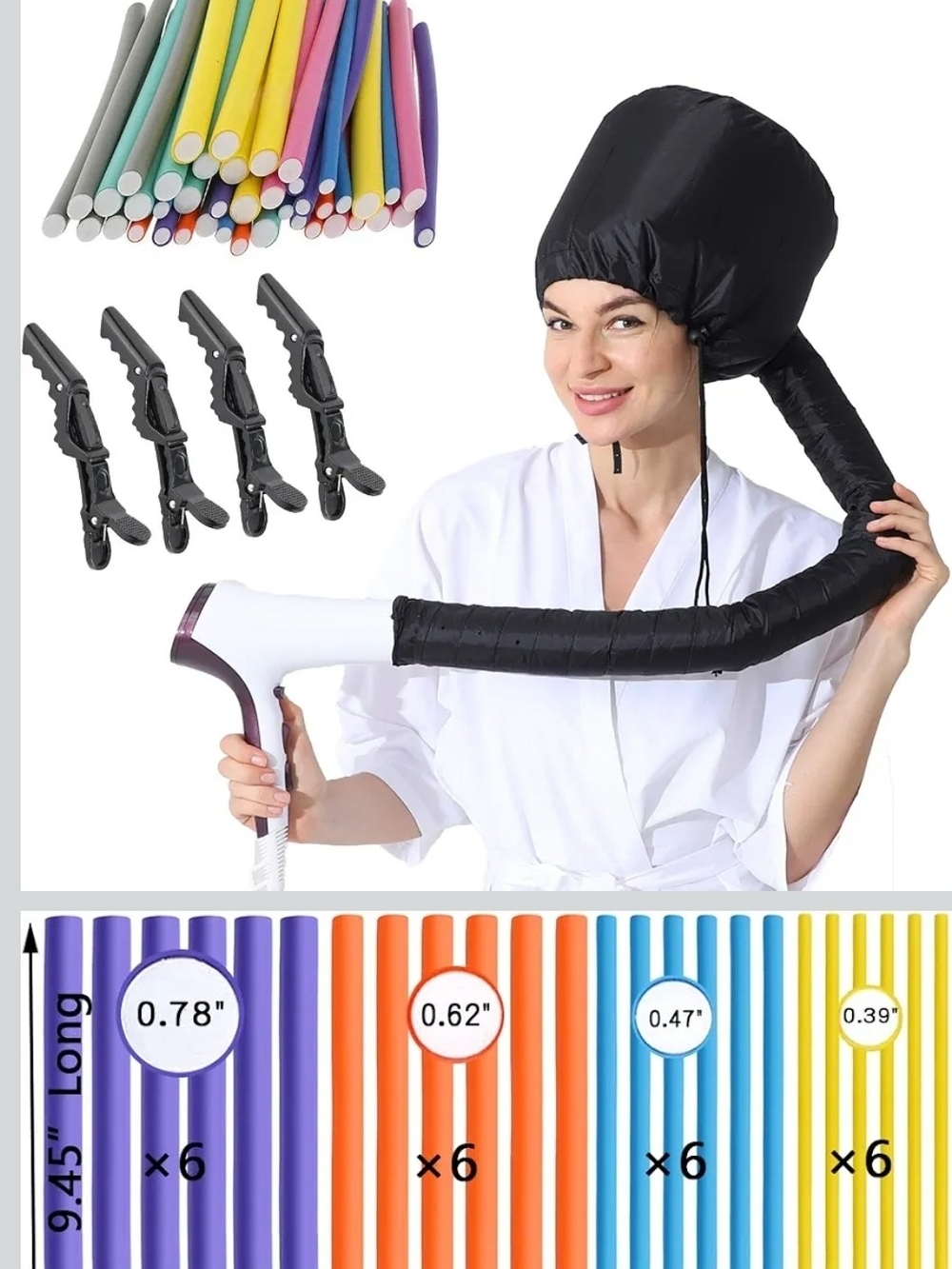 Universal Black Hair Dryer Bonnet with Colorful Heat Rods.
